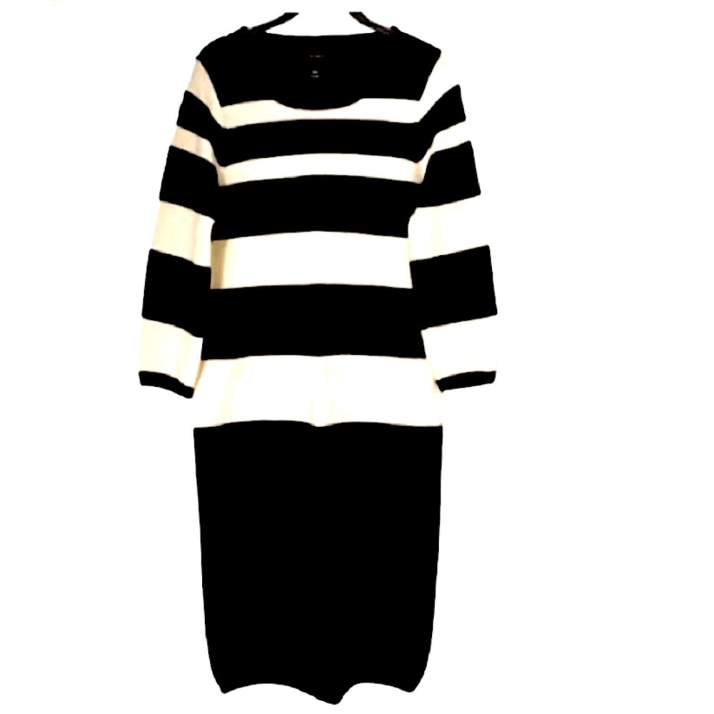 Club Monaco Italian Yarn Strip Black Cream Sweater Mid Dress Size…